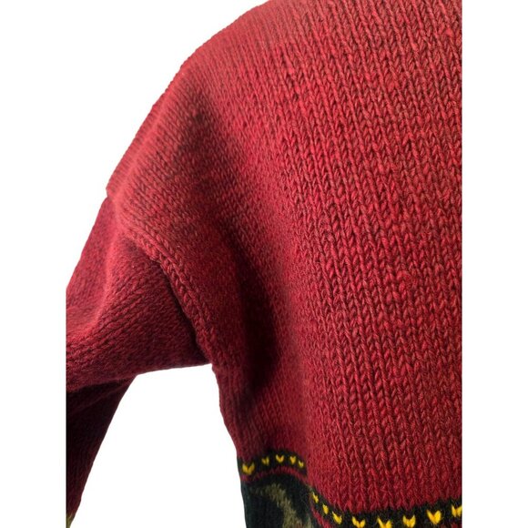 Hand Knit 80s/90s Boho Wool Sweater OverSz Uni M-XL Tribal Fringe Hem Brick Red - Picture 6 of 8